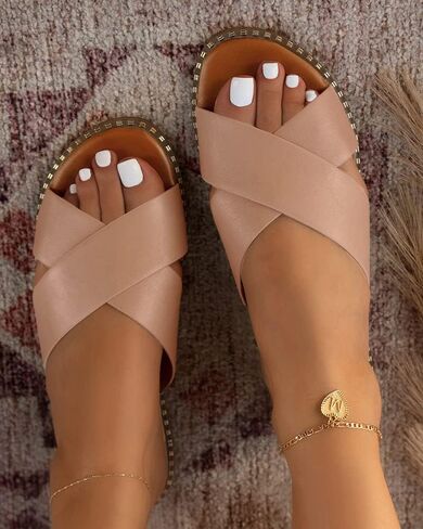 صندل Jeimpoey النسائي المسطح المرصع مفتوح عند الأصابع سهل الارتداء من Mule شبشب بحزام متقاطع in Kuwait