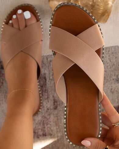 صندل Jeimpoey النسائي المسطح المرصع مفتوح عند الأصابع سهل الارتداء من Mule شبشب بحزام متقاطع in Kuwait