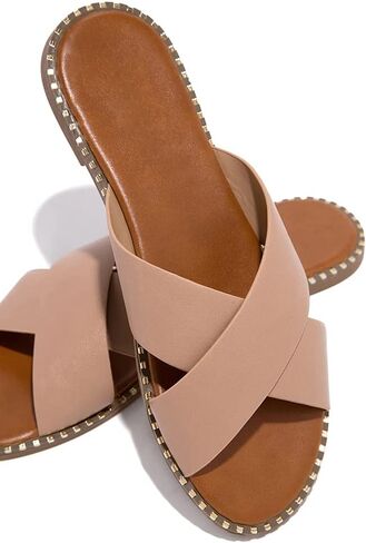 صندل Jeimpoey النسائي المسطح المرصع مفتوح عند الأصابع سهل الارتداء من Mule شبشب بحزام متقاطع in Kuwait