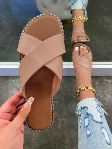 صندل Jeimpoey النسائي المسطح المرصع مفتوح عند الأصابع سهل الارتداء من Mule شبشب بحزام متقاطع in Kuwait
