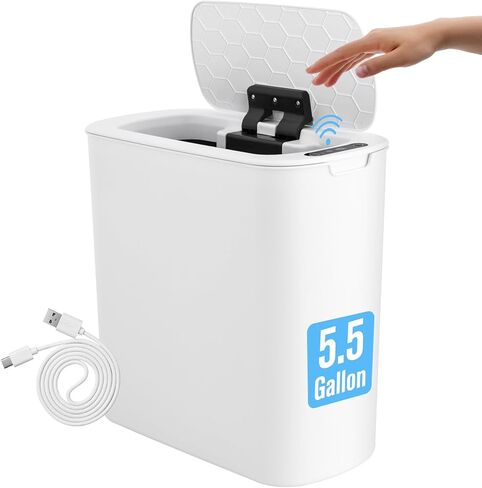 سلة مهملات الحمام بدون لمس مع غطاء، سلة مهملات نحيفة بمستشعر حركة قابل لإعادة الشحن سعة 5.5 جالون، سلة قمامة بلاستيكية ذكية، سلة مهملات بيضاء للمرحاض، المكتب، عربة سكن متنقلة، غرفة النوم، غرفة المعيشة in Kuwait