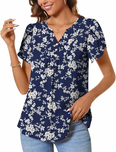 CATHY Women's Fashion Clothes Petal Short Sleeve Tunic Tops Dressy Summer Blouses V-Neck Button Cute Shirts, L, Floret White in Kuwait