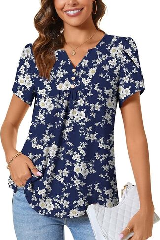 CATHY Women's Fashion Clothes Petal Short Sleeve Tunic Tops Dressy Summer Blouses V-Neck Button Cute Shirts, L, Floret White in Kuwait