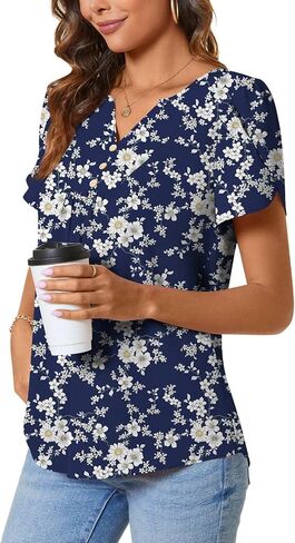 CATHY Women's Fashion Clothes Petal Short Sleeve Tunic Tops Dressy Summer Blouses V-Neck Button Cute Shirts, L, Floret White in Kuwait