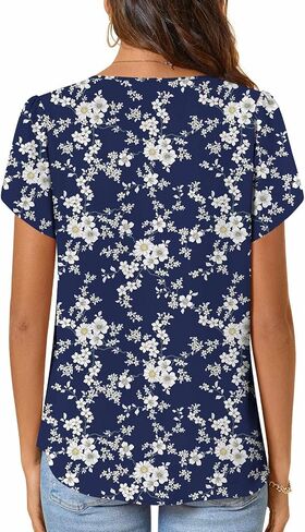 CATHY Women's Fashion Clothes Petal Short Sleeve Tunic Tops Dressy Summer Blouses V-Neck Button Cute Shirts, L, Floret White in Kuwait