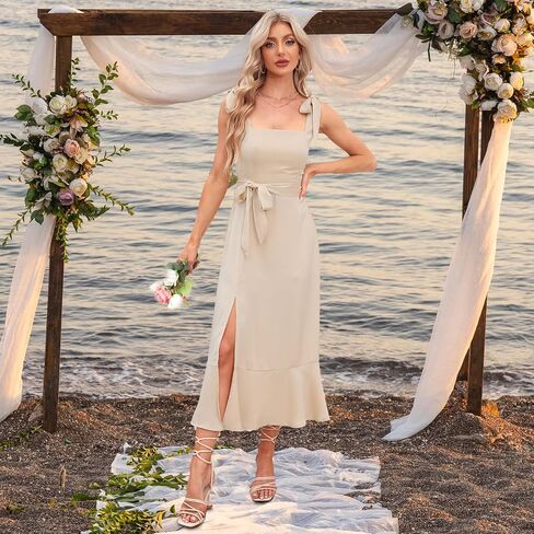 Women's Wedding Guest Midi Dresses Elegant Sleeveless Square Neck Ruffle Split Formal Beach Cocktail Party Bridesmaid Dress in Saudi Arabia