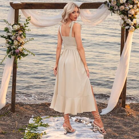 Women's Wedding Guest Midi Dresses Elegant Sleeveless Square Neck Ruffle Split Formal Beach Cocktail Party Bridesmaid Dress in Saudi Arabia