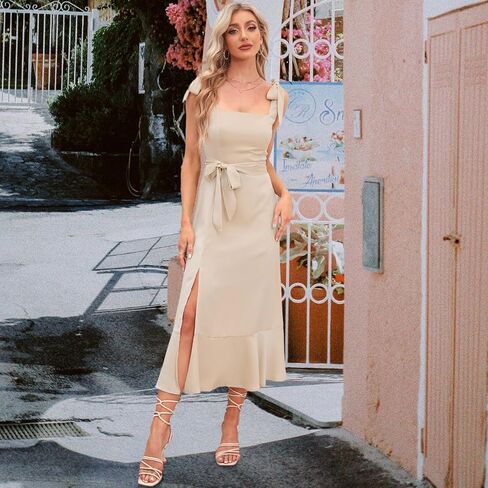 Women's Wedding Guest Midi Dresses Elegant Sleeveless Square Neck Ruffle Split Formal Beach Cocktail Party Bridesmaid Dress in Saudi Arabia