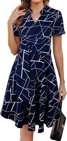 Mokayee Womens Summer Short Sleeve V Neck Fit and Flare A Line Business Casual Wedding Guest Work Dresses with Pockets in Saudi Arabia