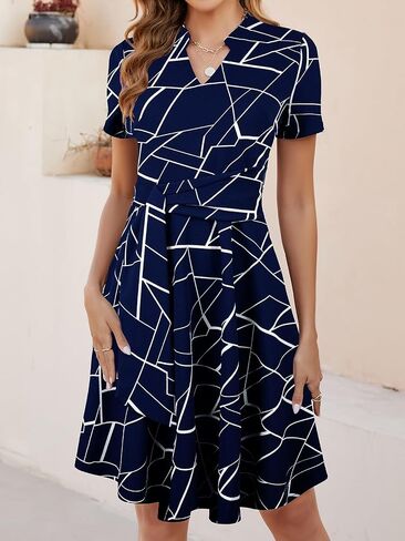 Mokayee Womens Summer Short Sleeve V Neck Fit and Flare A Line Business Casual Wedding Guest Work Dresses with Pockets in Saudi Arabia