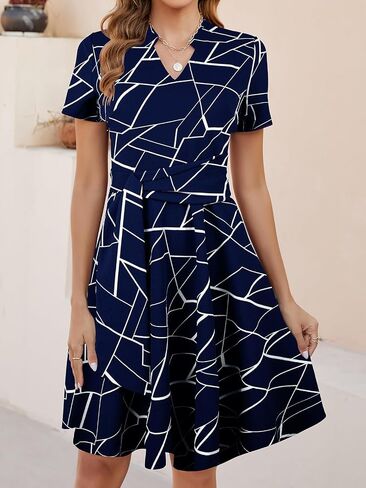 Mokayee Womens Summer Short Sleeve V Neck Fit and Flare A Line Business Casual Wedding Guest Work Dresses with Pockets in Saudi Arabia
