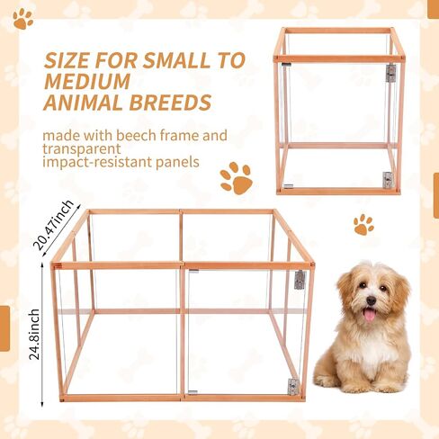 168 Inch Acrylic Clear Playpen Foldable Wooden Dog Puppy Pen Indoor with Eight Panels of 21" L x 25" H for Small or Medium Animals Pet Bunny Exercise Rest Play in Saudi Arabia