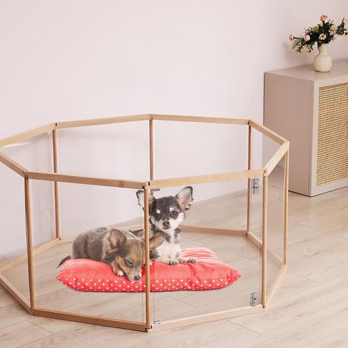 168 Inch Acrylic Clear Playpen Foldable Wooden Dog Puppy Pen Indoor with Eight Panels of 21" L x 25" H for Small or Medium Animals Pet Bunny Exercise Rest Play in Saudi Arabia