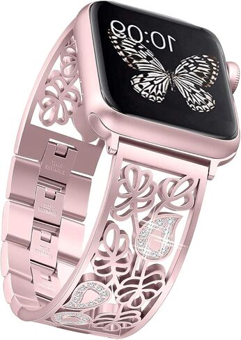 Secbolt Carved Flower Bling Bands Compatible with Apple Watch Band 38mm 40mm 41mm 42mm 44mm 45mm iWatch Series 9/8/7/6/5/4/3/2/1/SE, Stainless Steel Dressy Jewelry Diamond Bracelet Women in Kuwait