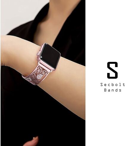Secbolt Carved Flower Bling Bands Compatible with Apple Watch Band 38mm 40mm 41mm 42mm 44mm 45mm iWatch Series 9/8/7/6/5/4/3/2/1/SE, Stainless Steel Dressy Jewelry Diamond Bracelet Women in Kuwait