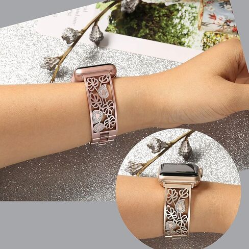 Secbolt Carved Flower Bling Bands Compatible with Apple Watch Band 38mm 40mm 41mm 42mm 44mm 45mm iWatch Series 9/8/7/6/5/4/3/2/1/SE, Stainless Steel Dressy Jewelry Diamond Bracelet Women in Kuwait