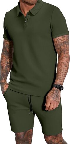 طقم قميص بولو وسروال قصير للرجال من Lexiart مكون من قطعتين من ملابس الصيف بأكمام قصيرة وبدلة رياضية in Kuwait