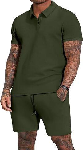 طقم قميص بولو وسروال قصير للرجال من Lexiart مكون من قطعتين من ملابس الصيف بأكمام قصيرة وبدلة رياضية in Kuwait