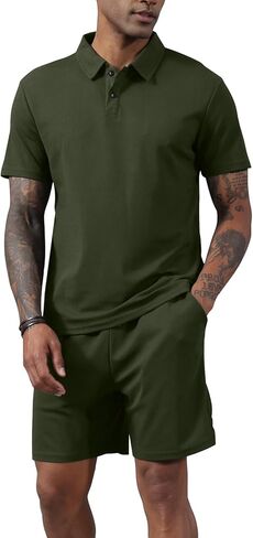 طقم قميص بولو وسروال قصير للرجال من Lexiart مكون من قطعتين من ملابس الصيف بأكمام قصيرة وبدلة رياضية in Kuwait