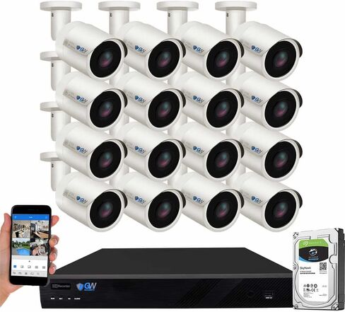 GW Security 16 قناة 4K NVR 8MP AI نظام كاميرا أمان للكشف عن الإنسان والمركبات مع 16 UHD 4K 2160P ميكروفون PoE خارجي/داخلي مقاوم للماء IP Security Bullet Cameras (أبيض) in Kuwait