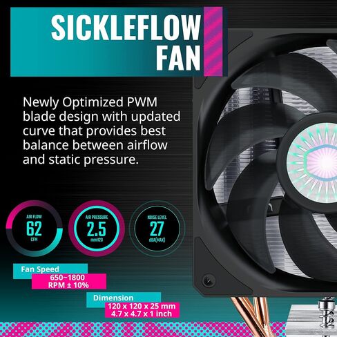 Cooler Master Hyper T20 Compact CPU Air Cooler, 95mm Fan, Dual Copper Heat Pipe, Direct Contact for AMD Ryzen AM4, Intel LGA1200/1151 (RR-T20-20FK-R1),Silver in Saudi Arabia