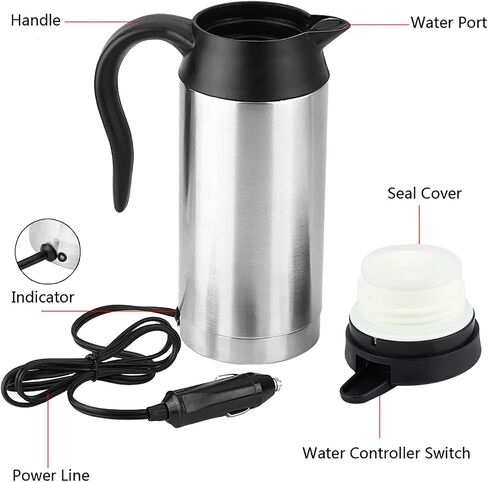 Car Electric Kettle, 750ml 120W 12V Car Stainless Steel Cigarette Lighter Heating Kettle Mug Electric Heating Travel Kettle for Most 12V Power Source Cars 220x85mm in Saudi Arabia