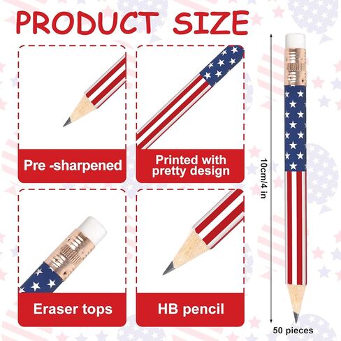 50 قطعة قلم رصاص ليوم الاستقلال مع محايات، أقلام كتابة قصيرة بعلم أمريكي، أحمر أبيض وأزرق، نصف أقلام رصاص وطنية لمستلزمات القرطاسية المكتبية المدرسية في الرابع من يوليو، 4 بوصات in Kuwait