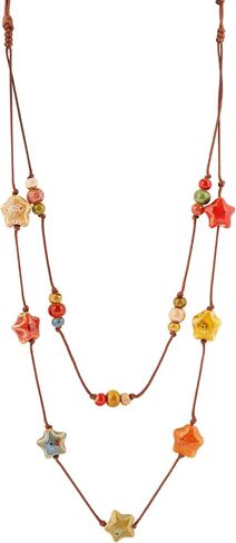 MINACHI Hippie Boho Double Layered Colorful Ceramic Heart Round Bead Necklace, Bohemian Jewelry Gifts for Women in Saudi Arabia