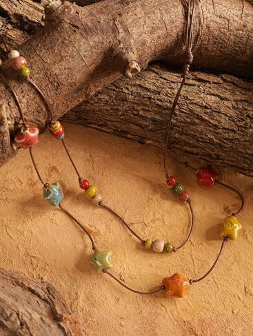 MINACHI Hippie Boho Double Layered Colorful Ceramic Heart Round Bead Necklace, Bohemian Jewelry Gifts for Women in Saudi Arabia