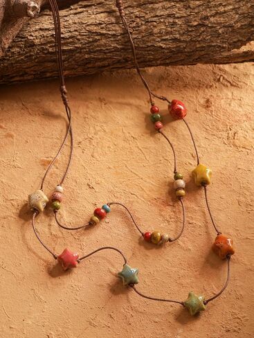 MINACHI Hippie Boho Double Layered Colorful Ceramic Heart Round Bead Necklace, Bohemian Jewelry Gifts for Women in Saudi Arabia