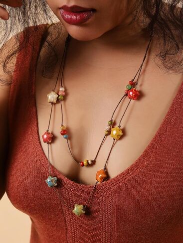MINACHI Hippie Boho Double Layered Colorful Ceramic Heart Round Bead Necklace, Bohemian Jewelry Gifts for Women in Saudi Arabia