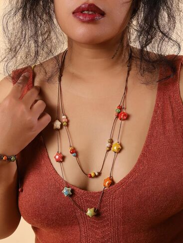 MINACHI Hippie Boho Double Layered Colorful Ceramic Heart Round Bead Necklace, Bohemian Jewelry Gifts for Women in Saudi Arabia