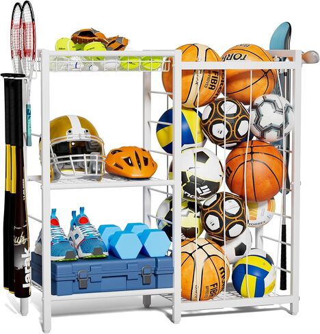 Sports Equipment Organizer, Toy Storage with Elastic Straps for Garage Organization, Rolling Ball Storage Rack for Sports Ball/Toy Storage Organizer, Garage Storage with Multi-Functional Hooks in Kuwait