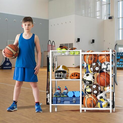 Sports Equipment Organizer, Toy Storage with Elastic Straps for Garage Organization, Rolling Ball Storage Rack for Sports Ball/Toy Storage Organizer, Garage Storage with Multi-Functional Hooks in Kuwait