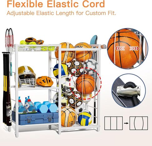 Sports Equipment Organizer, Toy Storage with Elastic Straps for Garage Organization, Rolling Ball Storage Rack for Sports Ball/Toy Storage Organizer, Garage Storage with Multi-Functional Hooks in Kuwait