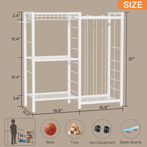 Sports Equipment Organizer, Toy Storage with Elastic Straps for Garage Organization, Rolling Ball Storage Rack for Sports Ball/Toy Storage Organizer, Garage Storage with Multi-Functional Hooks in Kuwait