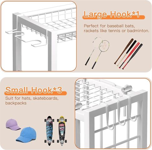 Sports Equipment Organizer, Toy Storage with Elastic Straps for Garage Organization, Rolling Ball Storage Rack for Sports Ball/Toy Storage Organizer, Garage Storage with Multi-Functional Hooks in Kuwait