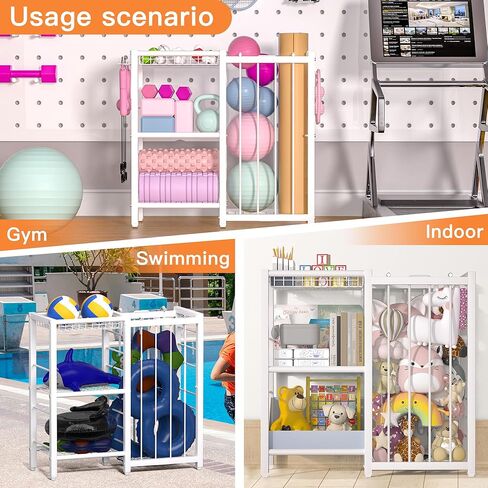Sports Equipment Organizer, Toy Storage with Elastic Straps for Garage Organization, Rolling Ball Storage Rack for Sports Ball/Toy Storage Organizer, Garage Storage with Multi-Functional Hooks in Kuwait