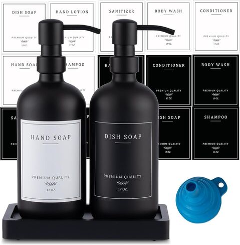 Thick Glass Soap Dispenser - Kitchen Dish Hand Soap Dispenser Set, Rustproof Pump Soap Lotion Dispenser Bathroom with Tray,14 Stickers for Kitchen Decor Sink Amber Bottle/Black Pump in Saudi Arabia