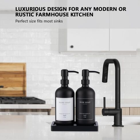 Thick Glass Soap Dispenser - Kitchen Dish Hand Soap Dispenser Set, Rustproof Pump Soap Lotion Dispenser Bathroom with Tray,14 Stickers for Kitchen Decor Sink Amber Bottle/Black Pump in Saudi Arabia