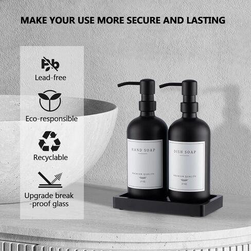 Thick Glass Soap Dispenser - Kitchen Dish Hand Soap Dispenser Set, Rustproof Pump Soap Lotion Dispenser Bathroom with Tray,14 Stickers for Kitchen Decor Sink Amber Bottle/Black Pump in Saudi Arabia