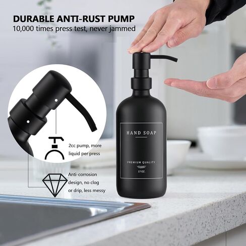 Thick Glass Soap Dispenser - Kitchen Dish Hand Soap Dispenser Set, Rustproof Pump Soap Lotion Dispenser Bathroom with Tray,14 Stickers for Kitchen Decor Sink Amber Bottle/Black Pump in Saudi Arabia