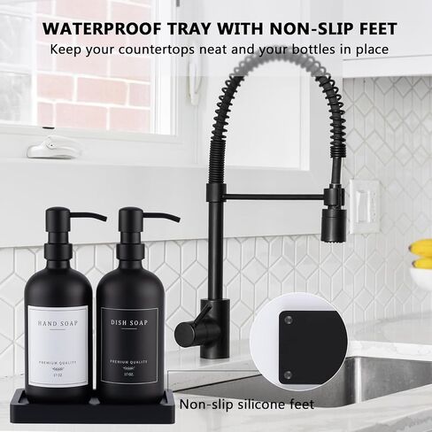 Thick Glass Soap Dispenser - Kitchen Dish Hand Soap Dispenser Set, Rustproof Pump Soap Lotion Dispenser Bathroom with Tray,14 Stickers for Kitchen Decor Sink Amber Bottle/Black Pump in Saudi Arabia