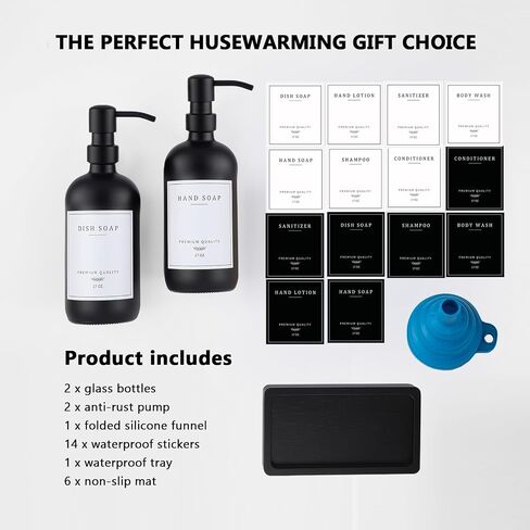 Thick Glass Soap Dispenser - Kitchen Dish Hand Soap Dispenser Set, Rustproof Pump Soap Lotion Dispenser Bathroom with Tray,14 Stickers for Kitchen Decor Sink Amber Bottle/Black Pump in Saudi Arabia
