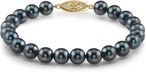The Pearl Source 14K Gold 6-6.5mm AAA Quality Round Black Japanese Akoya Saltwater Cultured Pearl Bracelet for Women in Saudi Arabia