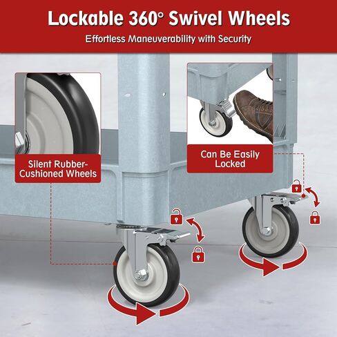Tool Cart on Wheels, 2 Shelf Flat Top Service Cart，550 LBS Heavy Duty Rolling Cart with 360° Swivel Wheels and Handle for Warehouse Garage Garden Workshop (Gray) in Kuwait