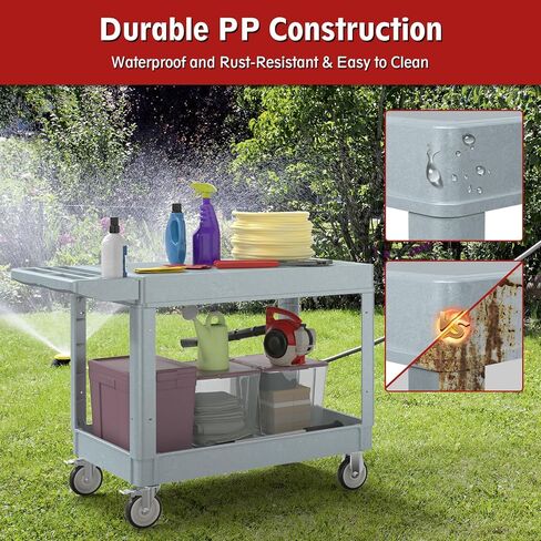 Tool Cart on Wheels, 2 Shelf Flat Top Service Cart，550 LBS Heavy Duty Rolling Cart with 360° Swivel Wheels and Handle for Warehouse Garage Garden Workshop (Gray) in Kuwait