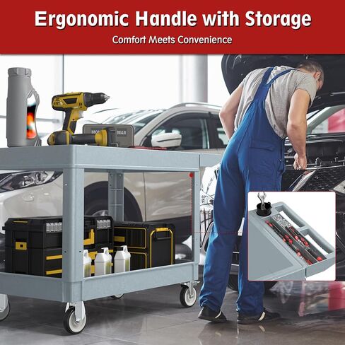 Tool Cart on Wheels, 2 Shelf Flat Top Service Cart，550 LBS Heavy Duty Rolling Cart with 360° Swivel Wheels and Handle for Warehouse Garage Garden Workshop (Gray) in Kuwait