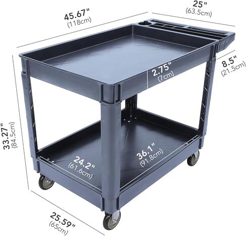 Utility Service Cart with Wheels and Two Trays, Service Cart 2-Shelf 500lbs, Rolling Utility Cart for Warehouse/Garage/Cleaning/Manufacturing, 2 Tier Heavy Duty Uline Tool Cart, 45"X25", Black in Saudi Arabia