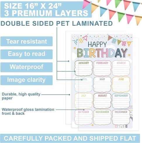 Boho Groovy Classroom Birthday Chart 16"x24", Back to School Happy Bday Poster Calendar for Kids Student, Pastel Bulletin Board Decoration Gift, Reusable Teaching Supplies, Shipped in Tube in Saudi Arabia